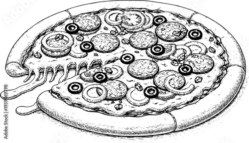 Hand Drawn Black and White Pizza Slice with Melting Cheese and Olives food