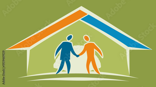Stylized illustration of two diverse individuals shaking hands within a house outline, representing home, partnership, community, and security.