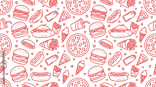 Red illustrations of various fast food items on white background