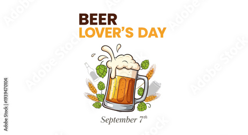 Beer Mug with Foam and Hops Illustration.