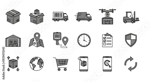 E-commerce Logistics and Supply Chain Icon Set: Shipping, Delivery, Warehouse, and Global Distribution Symbols