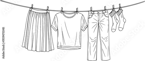 Hand drawn of laundry drying a clothesline with skirt t-shirt pants and socks washing