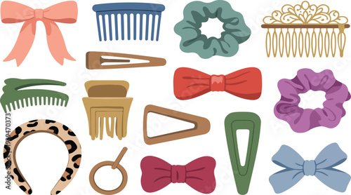 Set of Flat Vector Illustrations of Hair Accessories Including Hairpins, Clips, Combs, Ribbon Bows, Tie Knots, Elastic Bands, Hair Grips, Pins, and Bowknots for Hairdressing and Girls’ Decoration