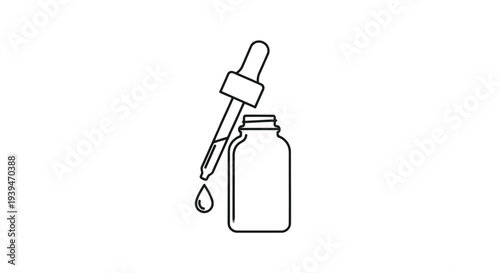 Minimalist line drawing of a dropper bottle with a single drop isolated on white background