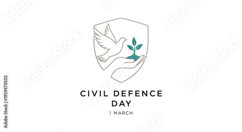 Civil Defence Day emblem with hands and shield.