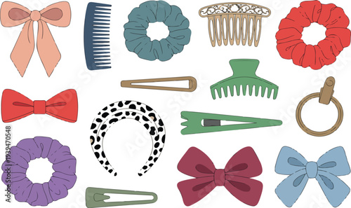 Set of Flat Vector Illustrations of Hair Accessories Including Hairpins, Clips, Combs, Ribbon Bows, Tie Knots, Elastic Bands, Hair Grips, Pins, and Bowknots for Hairdressing and Girls’ Decoration
