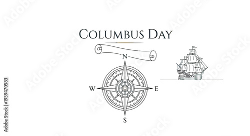 Columbus Day Navigation Compass and Ship Illustration.