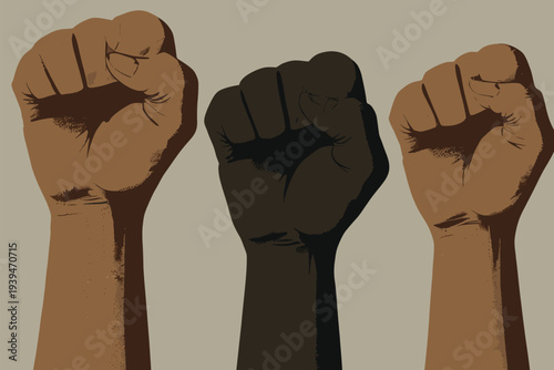 Three Clenched Fists of Diverse Skin Tones Express Solidarity and Unity in a Protest Symbol on Beige Background