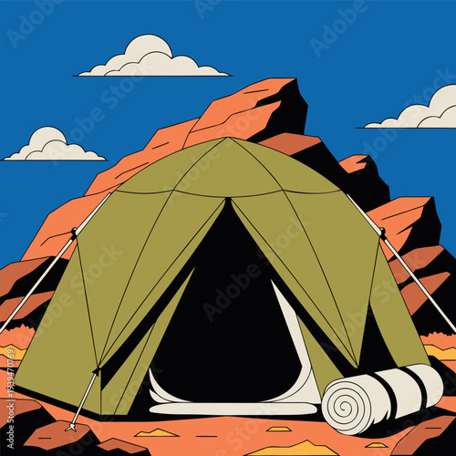 green camping tent with a rolled sleeping bag and camping gear on the ground, flat design, minimal style, soft colors, outdoor adventure theme