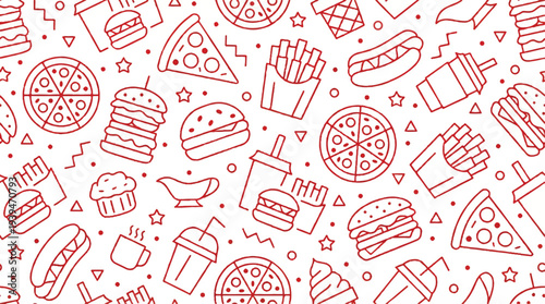 red line drawings of various fast food items on white background