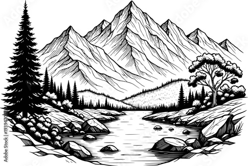 Mountain range overlooking a serene river with pine trees and rocky shores
