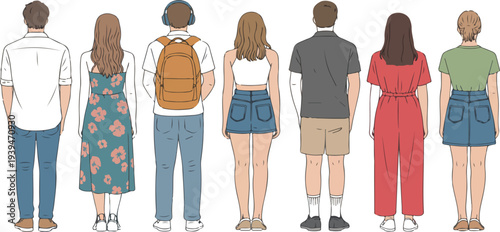 Vector Illustration of Diverse People in Summer Outfits Seen from Behind Walking, Relaxing, and Holding Drinks in Vacation Clothes Isolated on Transparent Background