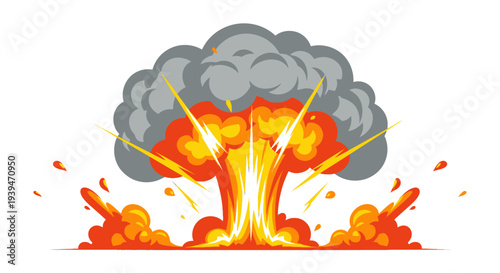 Vibrant cartoon explosion with fiery orange red yellow flames and dark grey smoke