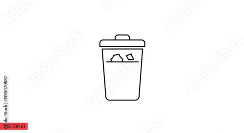 Minimalist line art trash can icon with lid and garbage isolated on white background
