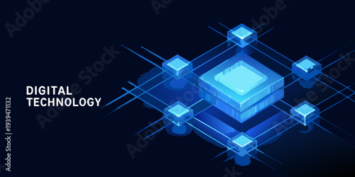 Abstract digital technology concept with glowing isometric cube structures