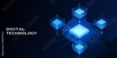 Abstract digital technology background with interconnected glowing cube structures