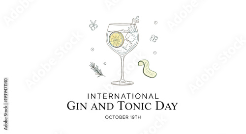 Gin and Tonic Cocktail Glass Illustration.