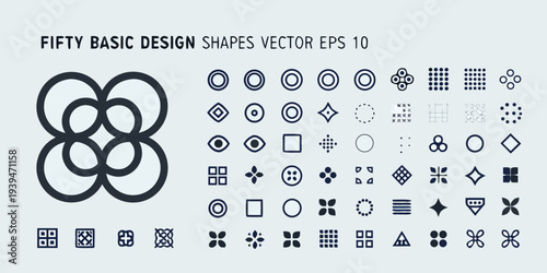 Collection of fifty diverse geometric shapes in a vector graphic