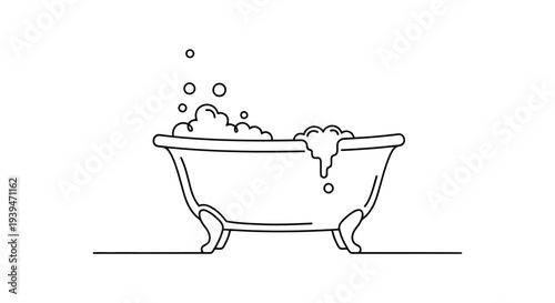 A minimalist line drawing of a bathtub filled with bubbles on claw feet isolated on white background