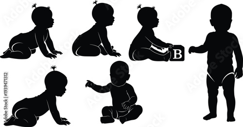 Baby Development Stages Silhouette Set Crawling Sitting Playing and Standing Infant Toddler Growth Activity Vector Illustration Collection