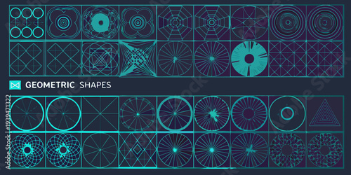 A collection of repeating geometric shapes in teal and dark blue