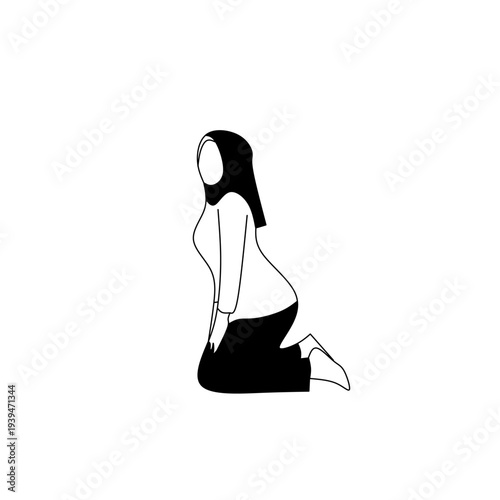 Muslim woman kneeling in prayer wearing hijab, minimalist silhouette illustration representing worship, faith, and Islamic spirituality.