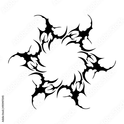 Tribal circular sigil with sharp thorned spikes forming a dark symmetrical ring, gothic abstract ornament ideal for tattoo, streetwear, and metal design.