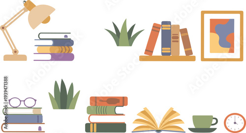 Books and Reading Set with Textbooks, Houseplant, Lamp, Clock, Vase, Tea, and Glasses Flat Colorful Vector Illustration for Education, Study, and Cozy Workspace Designs