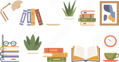 Books and Reading Set with Textbooks, Houseplant, Lamp, Clock, Vase, Tea, and Glasses Flat Colorful Vector Illustration for Education, Study, and Cozy Workspace Designs