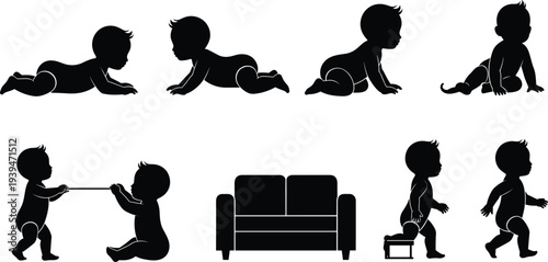 Baby Development Stages Silhouette Set Crawling Sitting Standing Walking and Playing Toddler Activity Child Growth Vector Illustration Collection