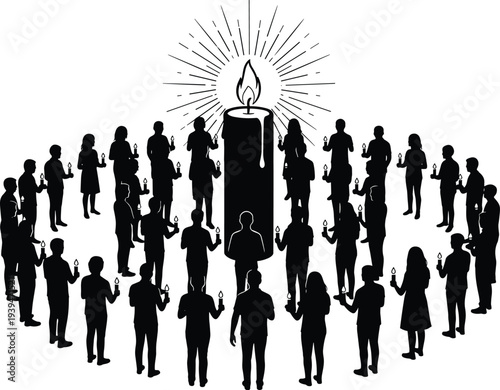 Candlelight Vigil Silhouette Illustration, People Group Holding Candles in Circle, Memorial Service Ceremony, Spiritual Prayer Peace Gathering, CAD Drawing, Flat Vector