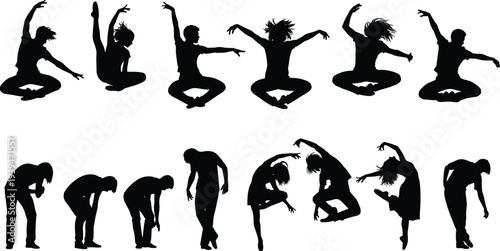 Contemporary Dancer Silhouette Set, Modern Dance Performance Pose, Artistic Ballet Movement Vector Illustration, Gymnastic Athletic Action Graphics, CAD Drawing, Flat Vector
