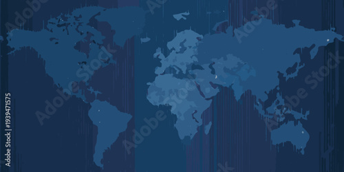 Abstract world map illustration in shades of deep blue and teal