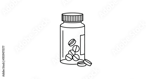 Line drawing of a pill bottle with pills spilling out isolated on white background