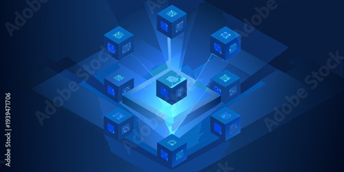 Isometric illustration of glowing blue cubes forming a digital network