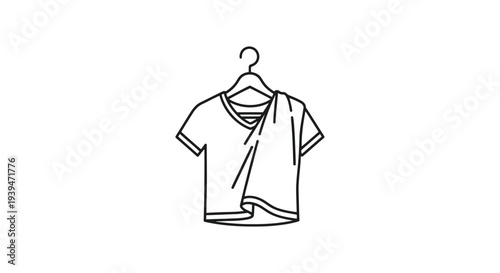 Minimalist line drawing of a t-shirt hanging on a hanger, simple flat design isolated on white background