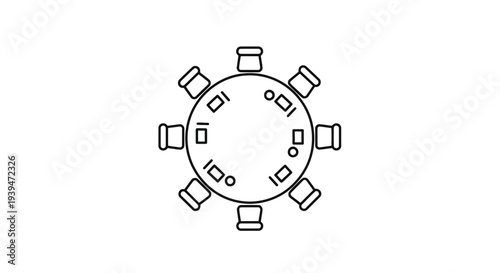 Flat illustration of round table with eight chairs isolated on white background