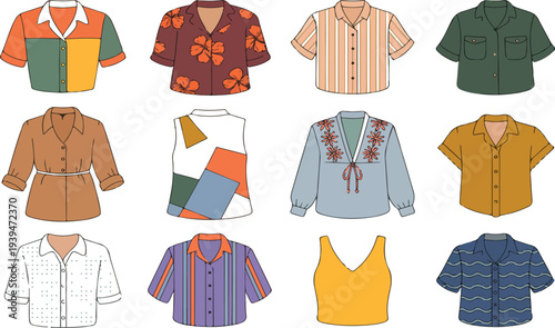 Fashion Shirts, Tops, and Blouses Set Featuring Modern Women's Apparel, Casual Garments Flat Vector Illustrations Isolated on Transparent Background