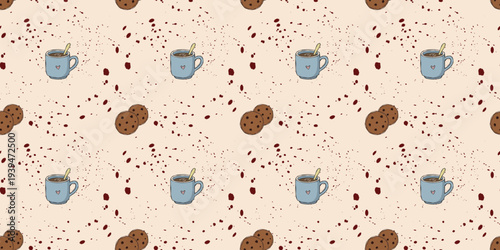 Seamless cozy coffee and cookie pattern with blue mugs and chocolate chip cookies on a light beige splattered background for cafe branding.
