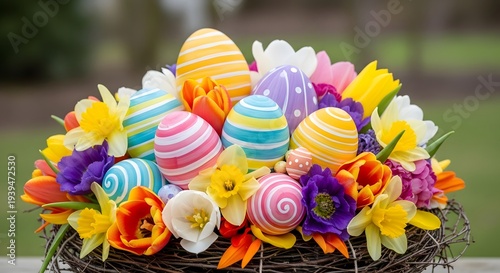 Vibrant easter egg and flower arrangement in wicker basket