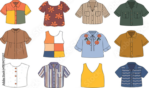 Fashion Shirts, Tops, and Blouses Set Featuring Modern Women's Apparel, Casual Garments Flat Vector Illustrations Isolated on Transparent Background