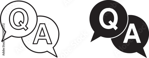 Questions and answers Q&A speech bubbles flat vector black silhouette and outline icon symbol.