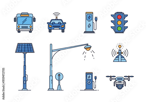 Collection of futuristic urban infrastructure elements including autonomous vehicles electric charging stations smart traffic lights solar powered