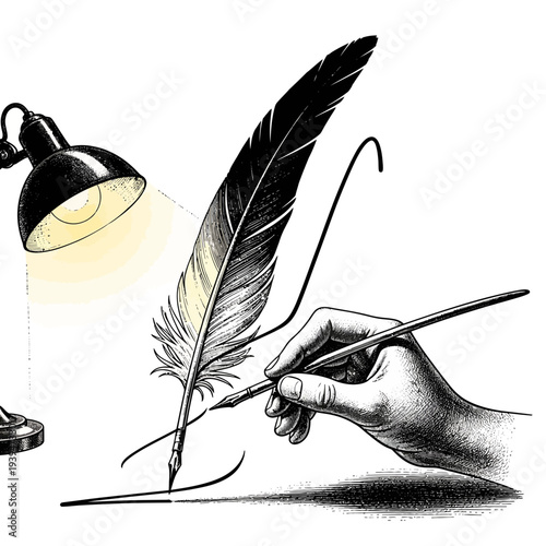 Hand Holding Feather Pen Writing Under Lamp's Soft Glow
