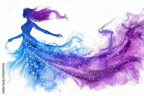 Ethereal Woman Silhouette, Flowing Watercolor Gown, Abstract Artistic Illustration with Pure White Background