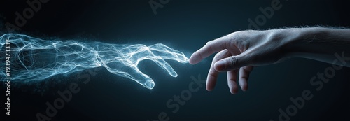 A translucent, spectral arm is softly touched by a human hand, conveying ideas of connection.
