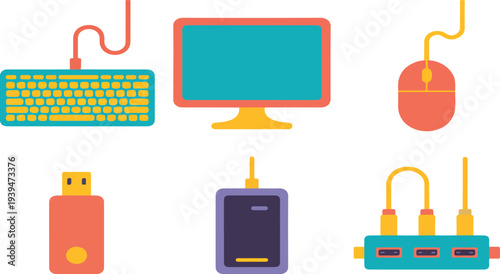 Colorful Collection of Essential Computer Hardware Peripherals and Data Storage Devices Including Keyboards, Mice, External Drives, and Cables