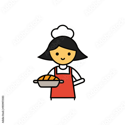 Vector illustration of smiling female chef holding casserole dish