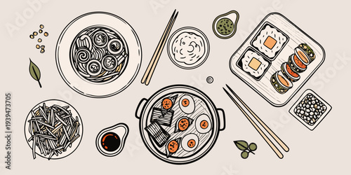 A colorful illustrated flat lay of various japanese cuisine dishes