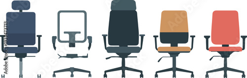 Set of Modern Office Chairs in Side Profile and Back View Rendered in Clean Flat Vector Style with Solid Colors and Minimalist White Background